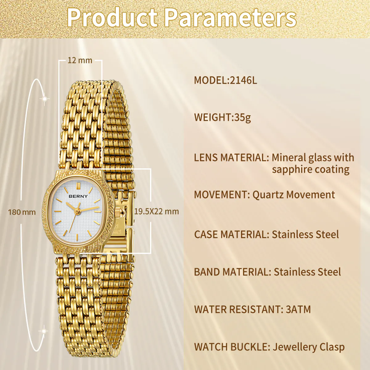 BERNY-Women Quartz Tonneau Gold Watch-2146L - Image 7